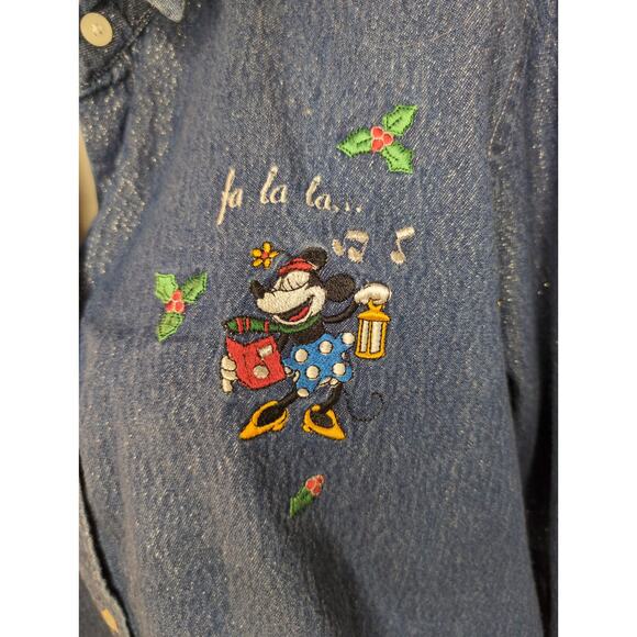 Walt Disney vtg 90s Mickey Minnie Christmas Holiday denim shirt XL - Picture 3 of 12